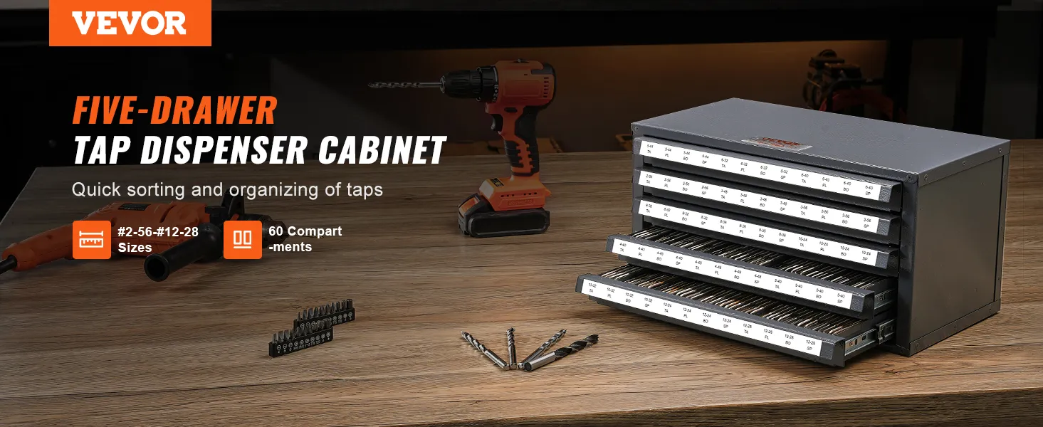 VEVOR tap dispenser cabinet with five drawers, and tap sizes displayed; orange drill in the background.