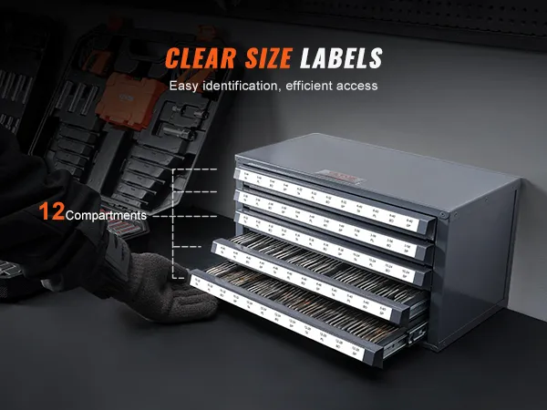 VEVOR tap dispenser cabinet with 12 compartments, clear size labels for easy identification.