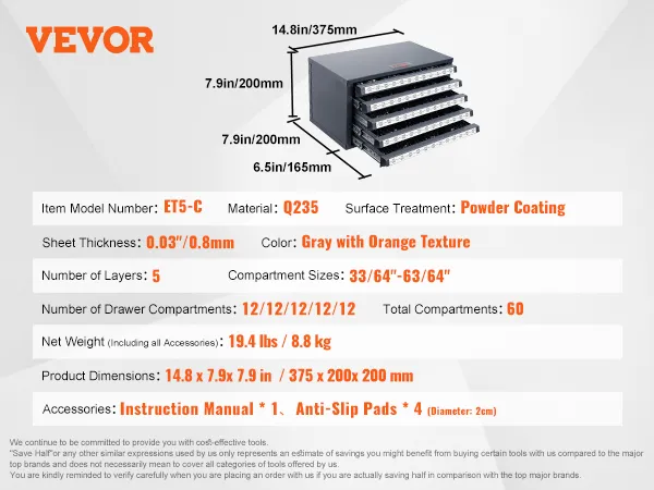 VEVOR drill bit organizer with 5 layers, 60 compartments, powder-coated in gray with orange texture.