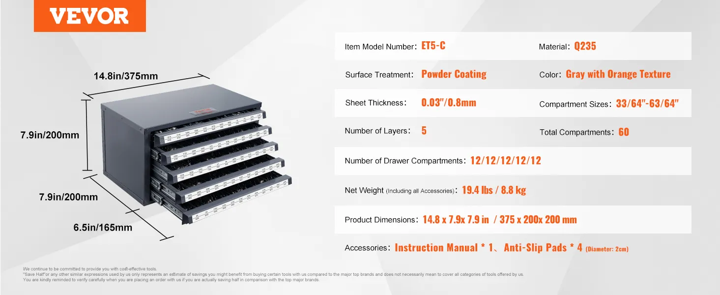 VEVOR drill bit organizer with 5 layers, 60 compartments, powder-coated in gray with orange texture.