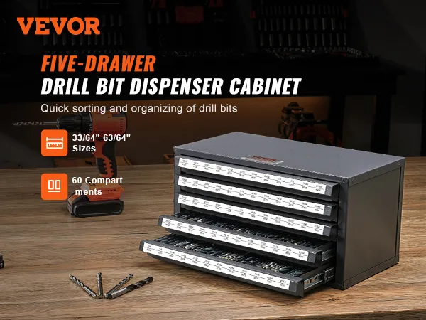 VEVOR drill bit organizer with five drawers on a workbench, drill bits, and electric drill in the background.