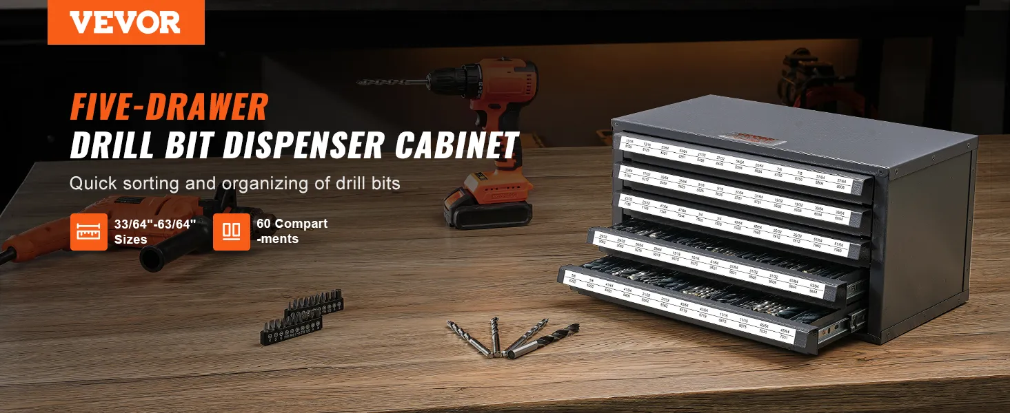 VEVOR drill bit organizer with five drawers on a workbench, drill bits, and electric drill in the background.