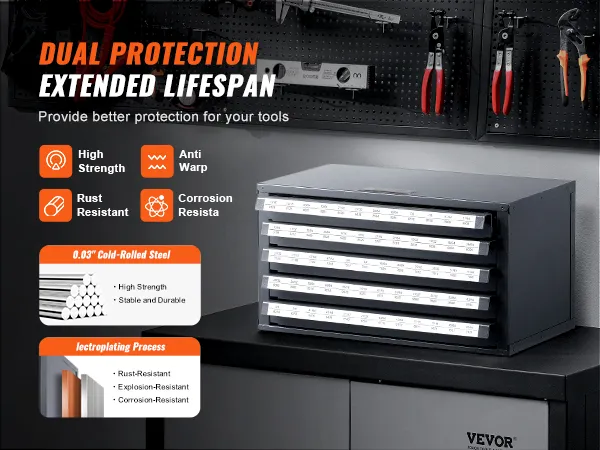 VEVOR drill bit organizer with high strength, anti-warp, rust-resistant, and corrosion-resistant features.
