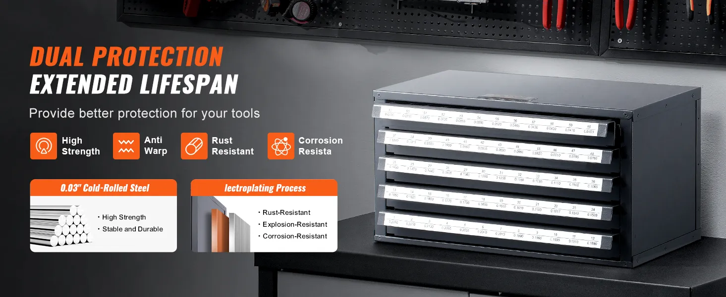 VEVOR drill bit organizer with high strength, anti-warp, rust-resistant, and corrosion-resistant features.