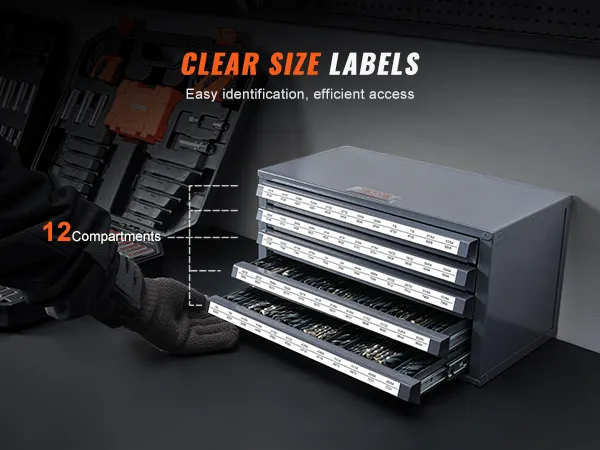 VEVOR drill bit organizer with clear size labels, 12 compartments for easy identification and access.