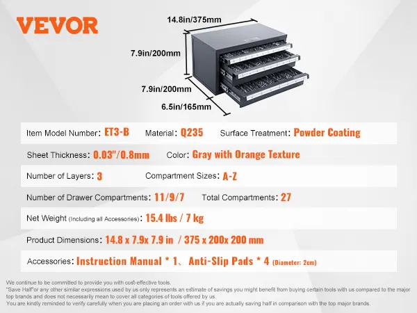 VEVOR drill bit organizer with 3 layers, 27 compartments, and powder coating finish, dimensions 14.8x7.9x7.9 in.