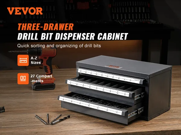 VEVOR drill bit organizer with three drawers, drill bits, and an orange drill on a wooden table.