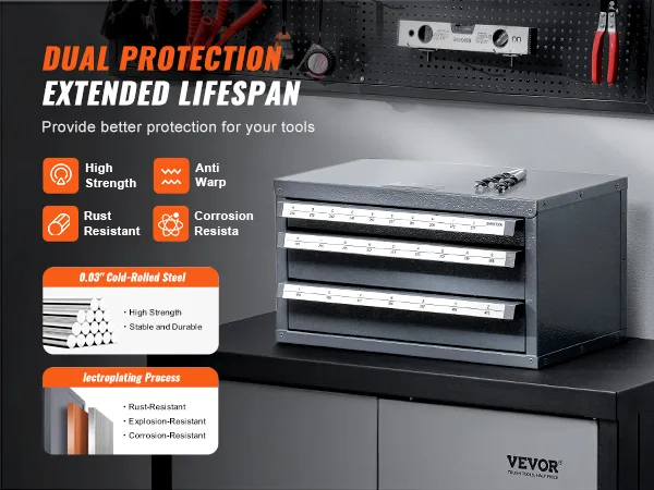 VEVOR drill bit organizer with labeled compartments, high strength, and corrosion-resistant features.