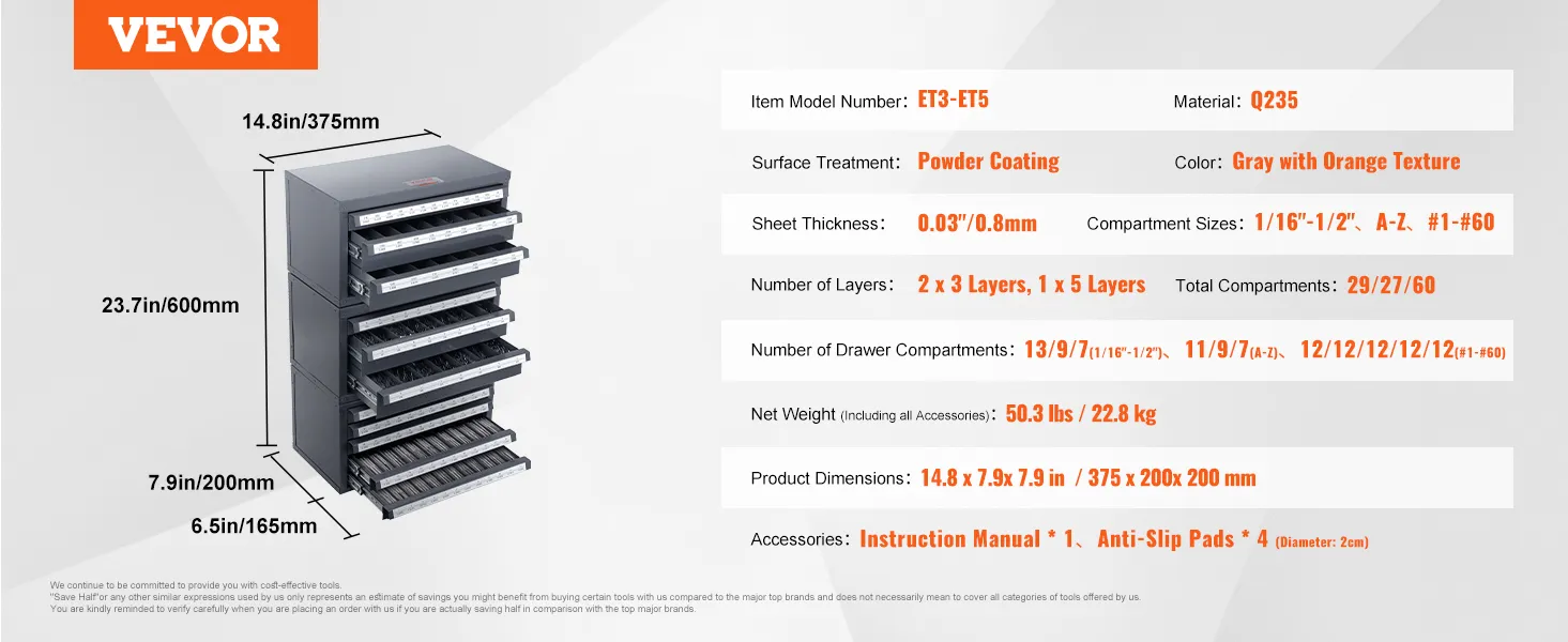 VEVOR drill bit organizer dimensions and details, featuring multiple compartments and a sleek design.