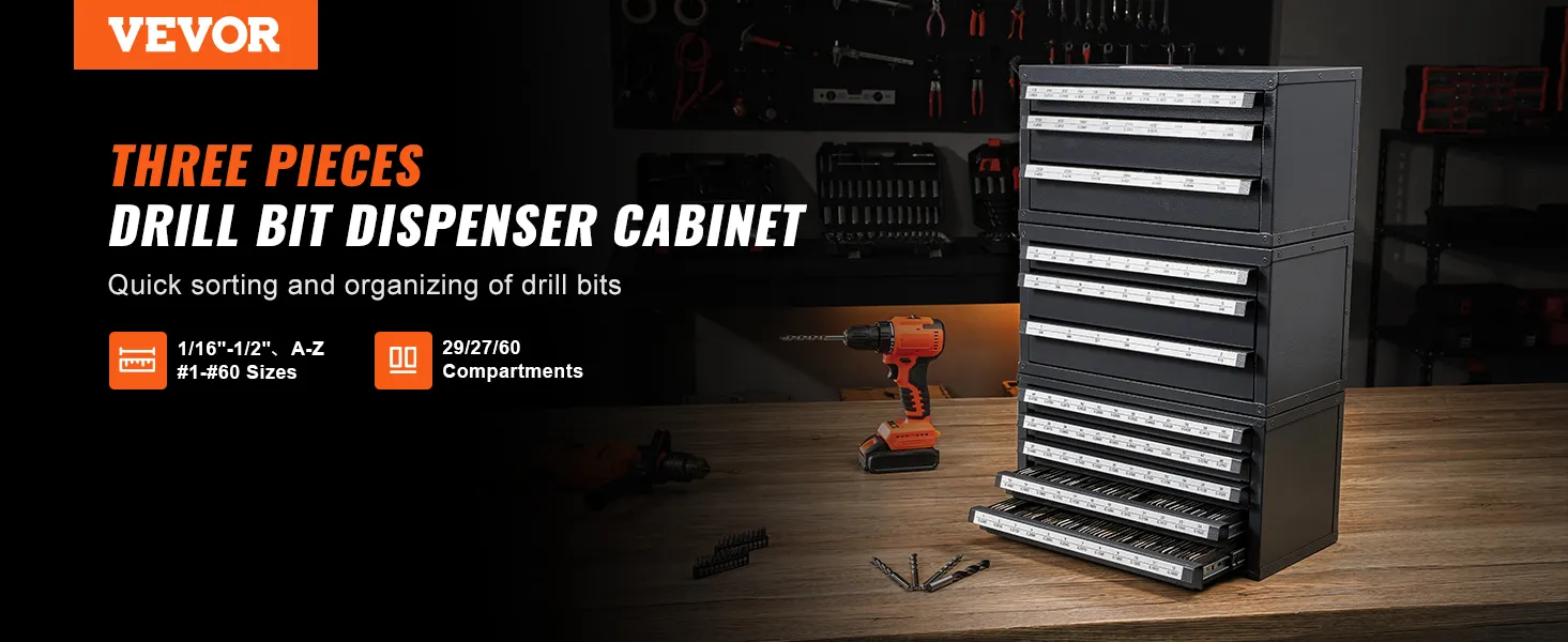 VEVOR drill bit organizer cabinet for quick sorting with 29/27/60 compartments on a workshop table.