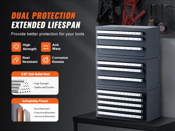 VEVOR drill bit organizer featuring high strength, anti-warp, rust, and corrosion-resistant steel.