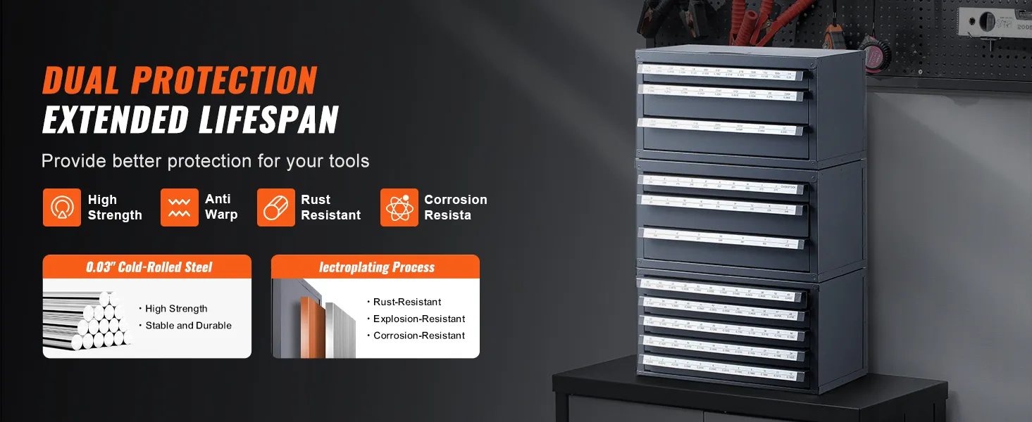 VEVOR drill bit organizer featuring high strength, anti-warp, rust, and corrosion-resistant steel.