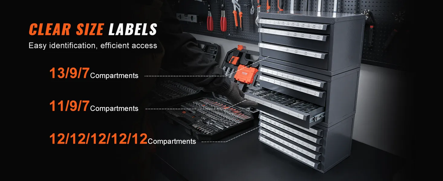 VEVOR drill bit organizer with clear size labels and multiple compartments for easy identification and access.
