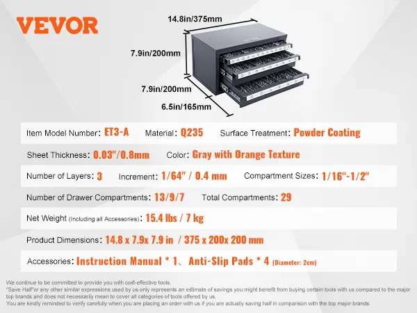 VEVOR drill bit dispenser with 3 layers, 29 compartments, and a powder-coated finish.