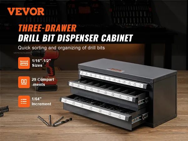 VEVOR drill bit dispenser cabinet with three drawers and organized drill bits on a wooden surface.