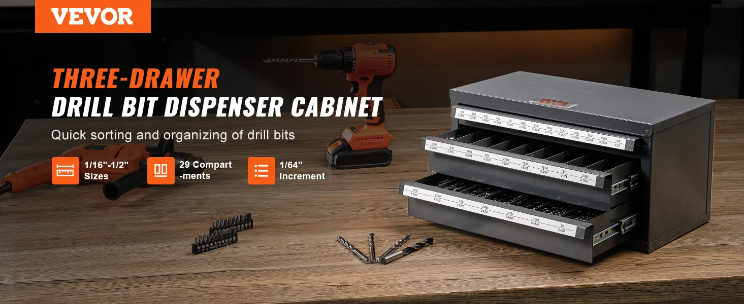 VEVOR drill bit dispenser cabinet with three drawers and organized drill bits on a wooden surface.