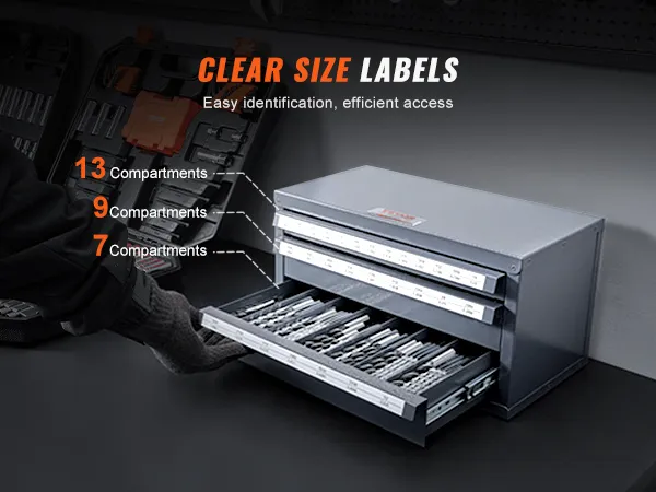 VEVOR drill bit dispenser with 13, 9, and 7 compartments, featuring clear size labels for quick access.