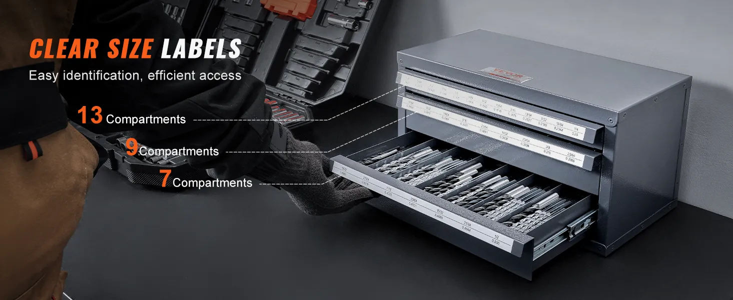 VEVOR drill bit dispenser with 13, 9, and 7 compartments, featuring clear size labels for quick access.