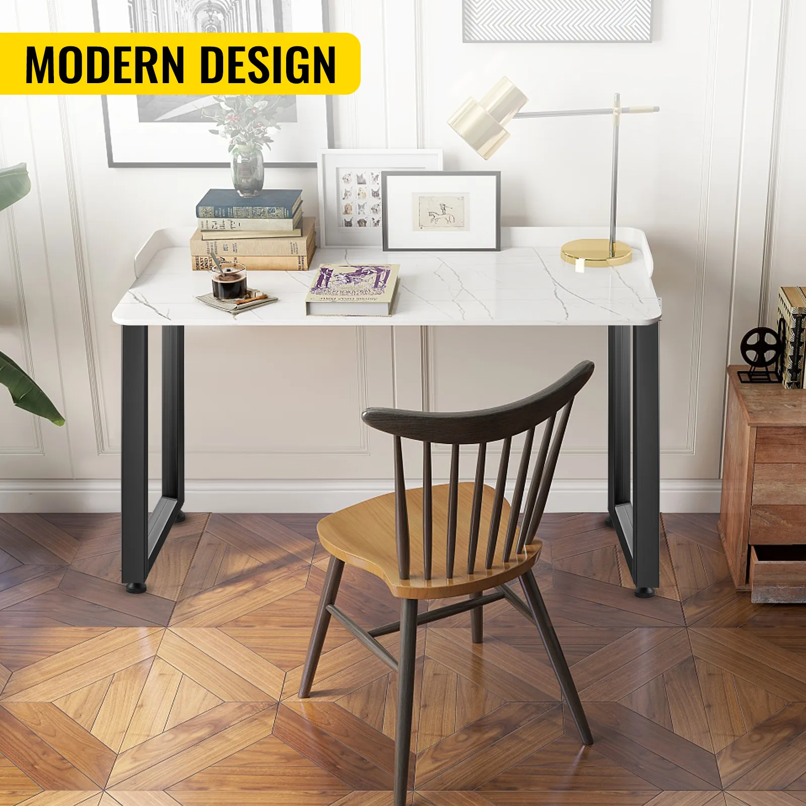 modern office with white marble desk and VEVOR steel table legs, wooden chair, and decor.