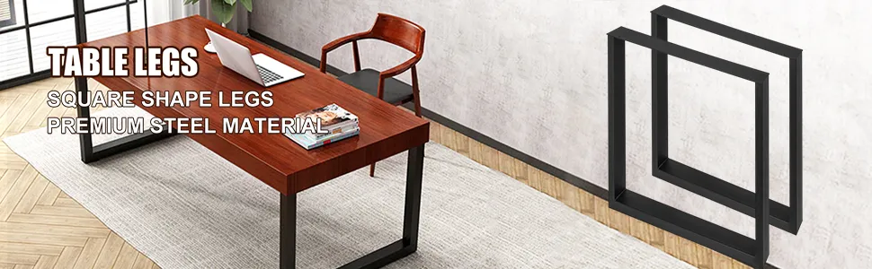 Patas de mesa de acero VEVOR con forma cuadrada, que sostienen un escritorio de madera en una habitación moderna.