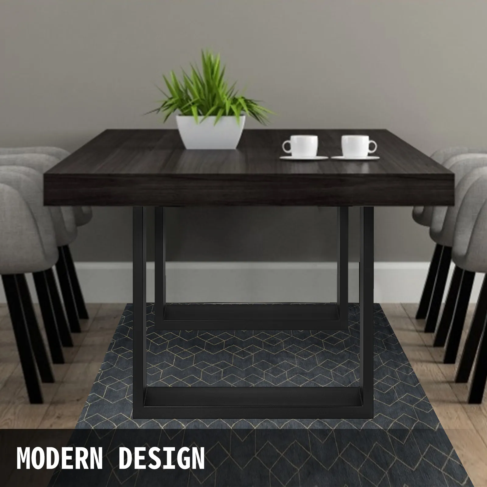 Mesa de comedor moderna con patas de acero VEVOR, tablero negro y centro de mesa con maceta blanca.