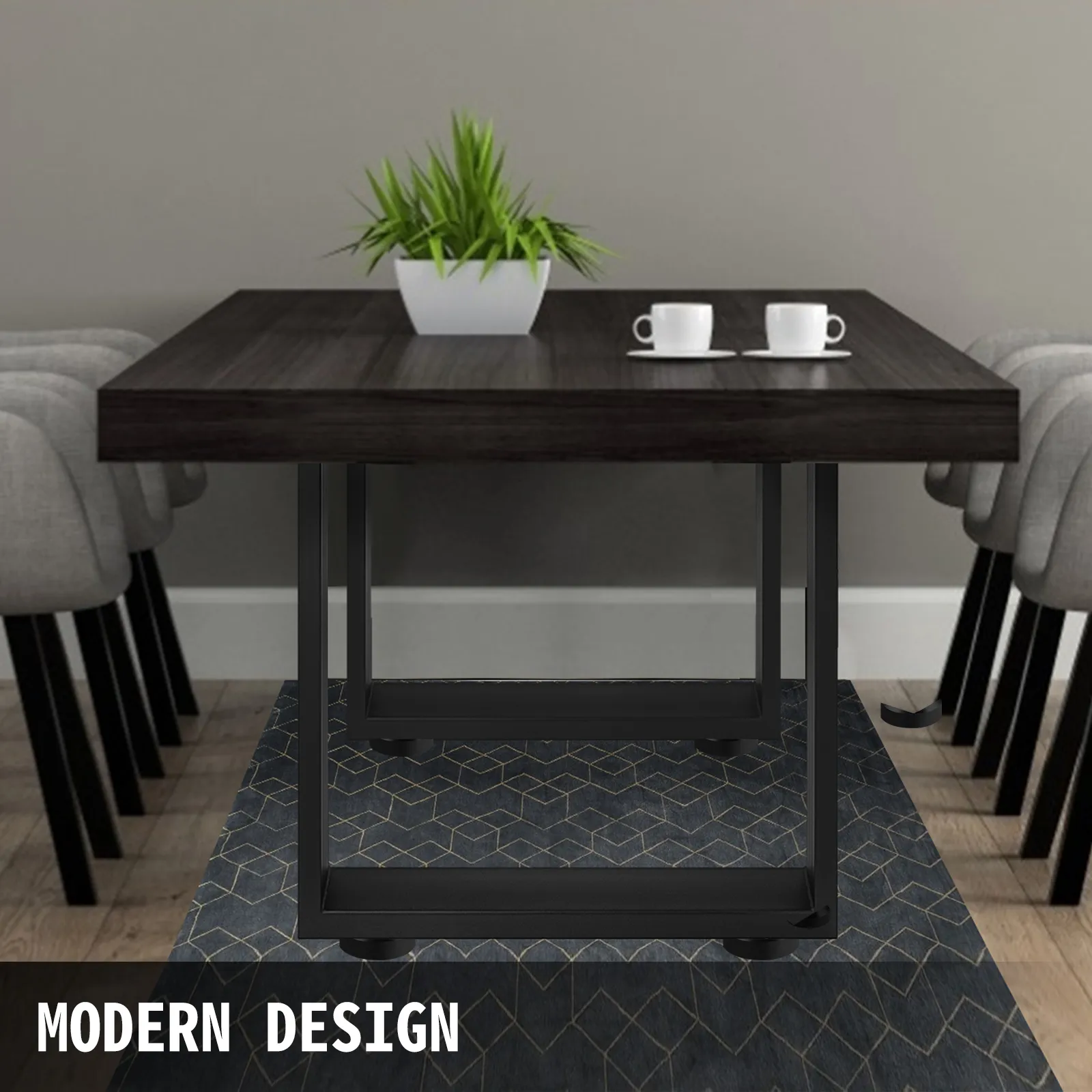 modern dining table with black VEVOR table legs and gray chairs in a stylish room.