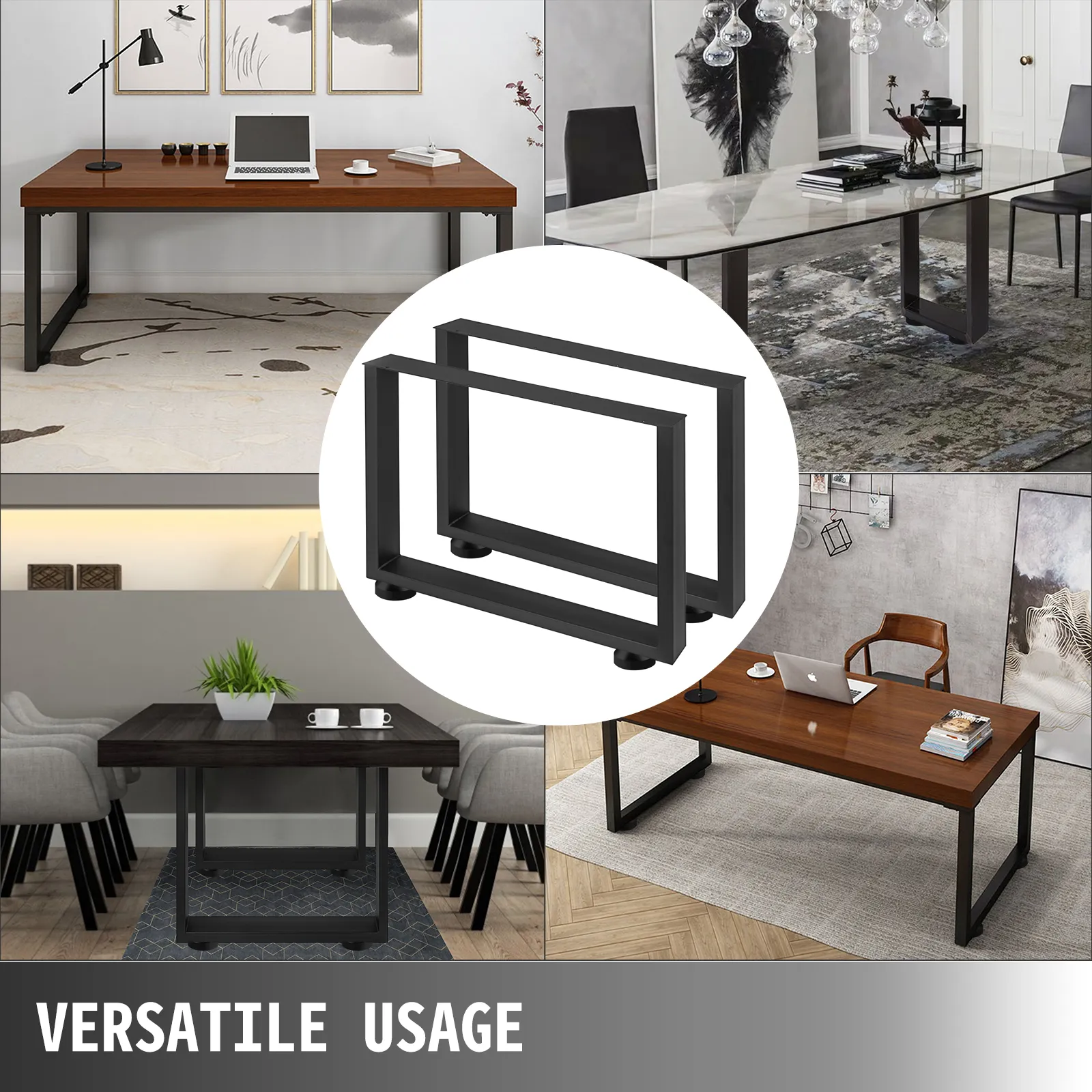 VEVOR table legs supporting various modern desks in different stylish settings. versatile usage.