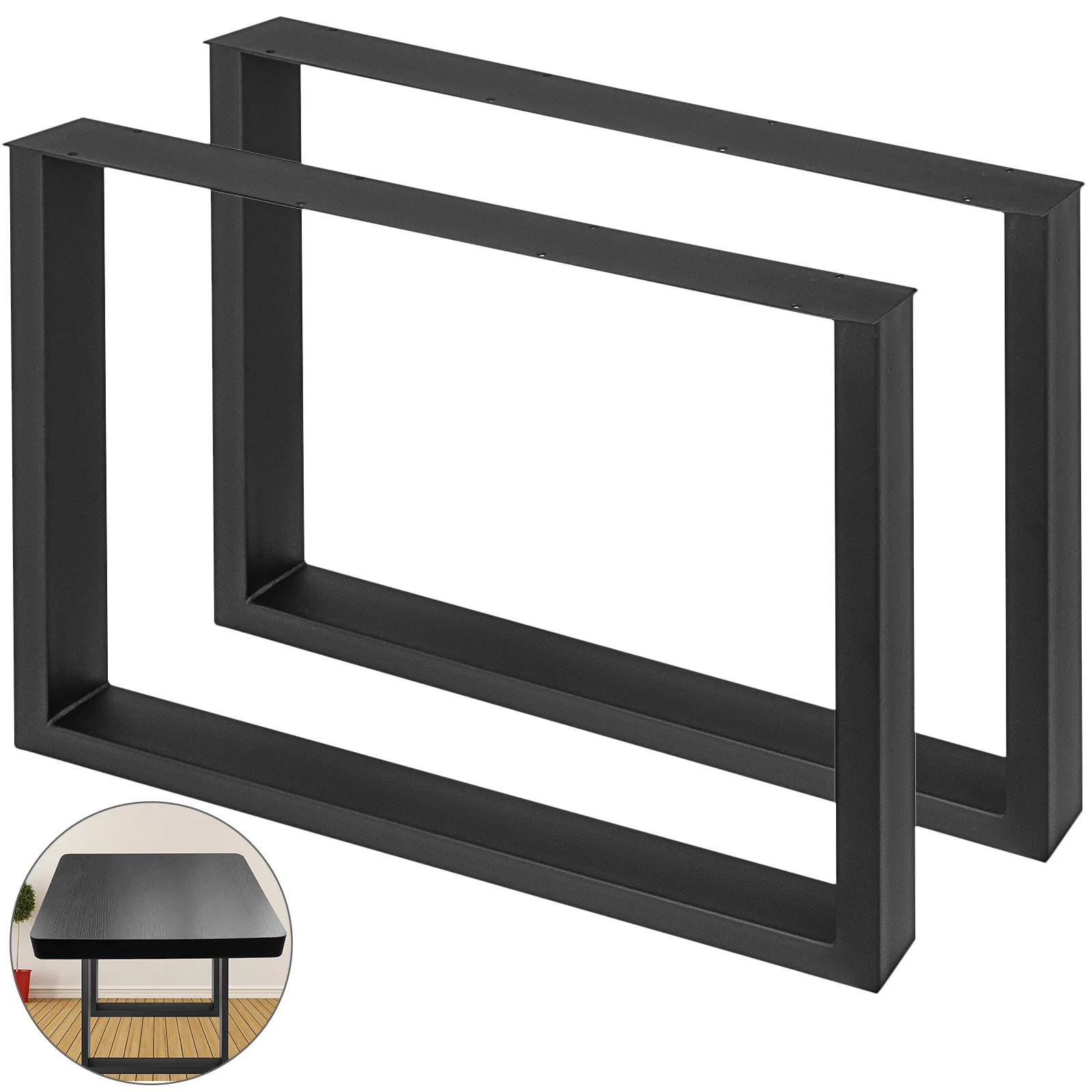 black VEVOR steel table legs with rectangular frames and a close-up of a black tabletop.