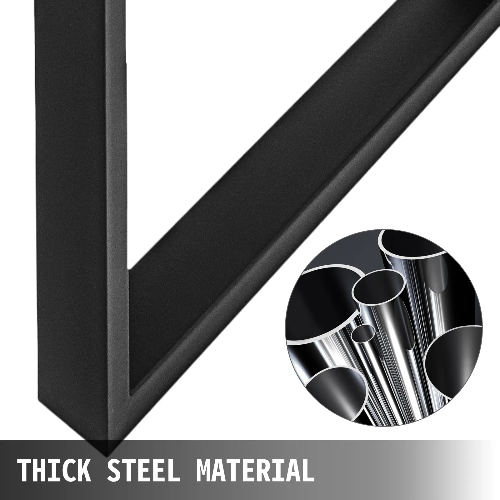 VEVOR steel table legs in thick black steel material with a close-up of metal tubes.