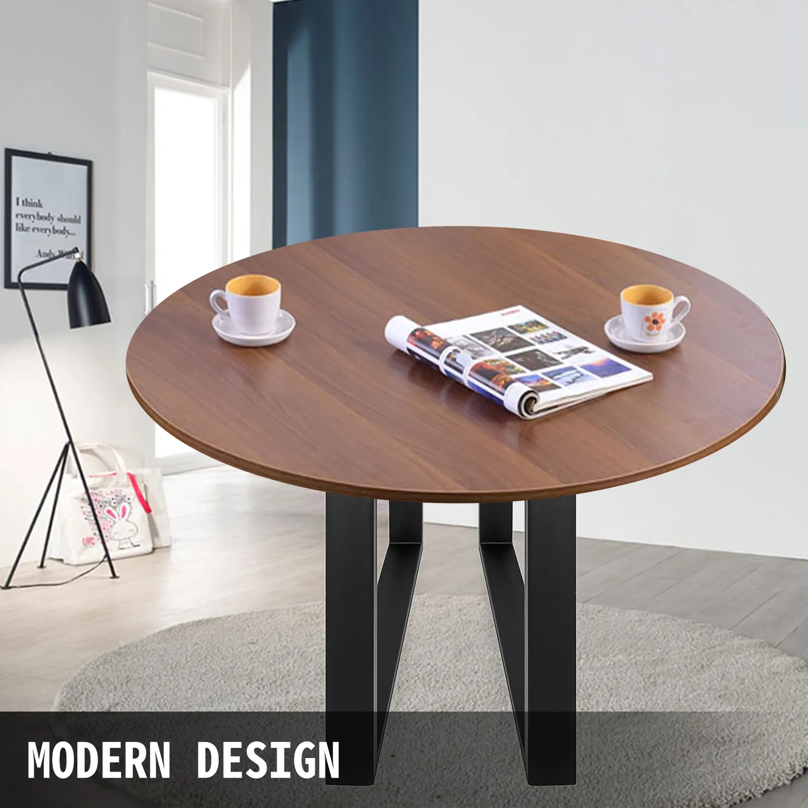 modern wooden round table with VEVOR steel table legs, two cups, and a magazine.