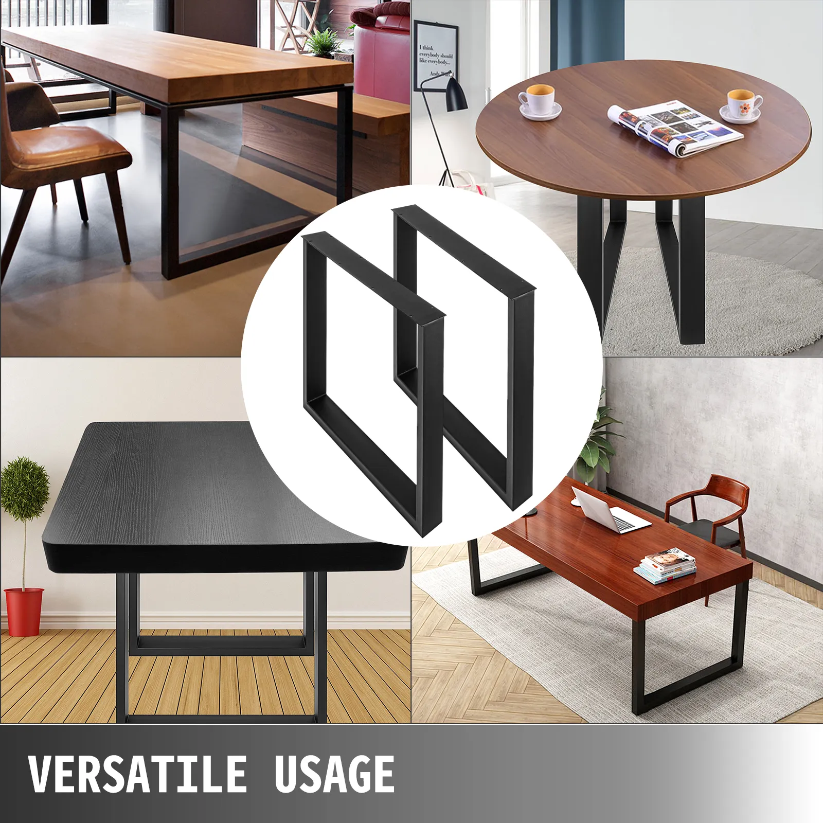 VEVOR steel table legs in various table styles highlighting versatile usage.
