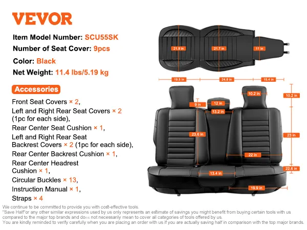 VEVOR car seat covers, 9-piece black set with detailed dimensions and model scu55sk accessories.