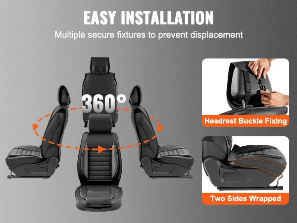 easy installation of VEVOR car seat covers with secure fixtures, headrest buckle fixing, and side wrapping.