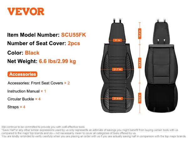 VEVOR stoelhoezen: scu55fk, 2 stuks, zwart, 3 kg, afmetingen en accessoires zijn onder meer gespen en banden.