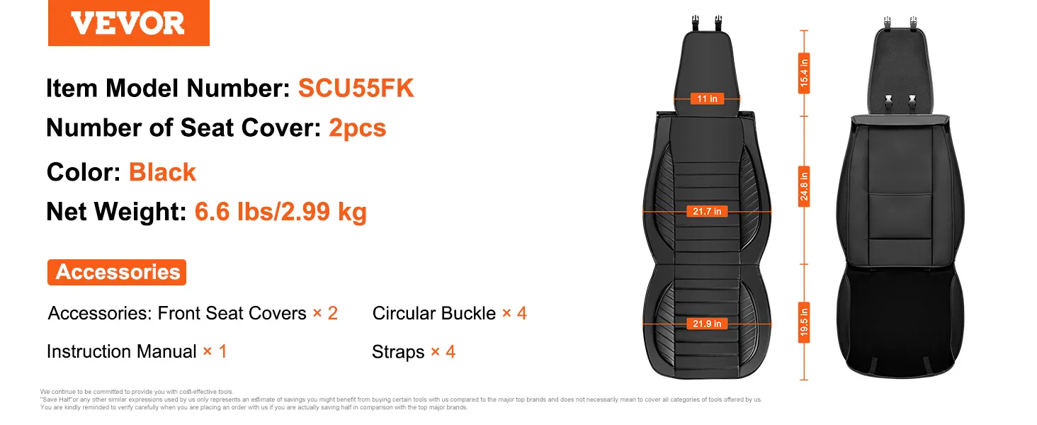 VEVOR stoelhoezen: scu55fk, 2 stuks, zwart, 3 kg, afmetingen en accessoires zijn onder meer gespen en banden.