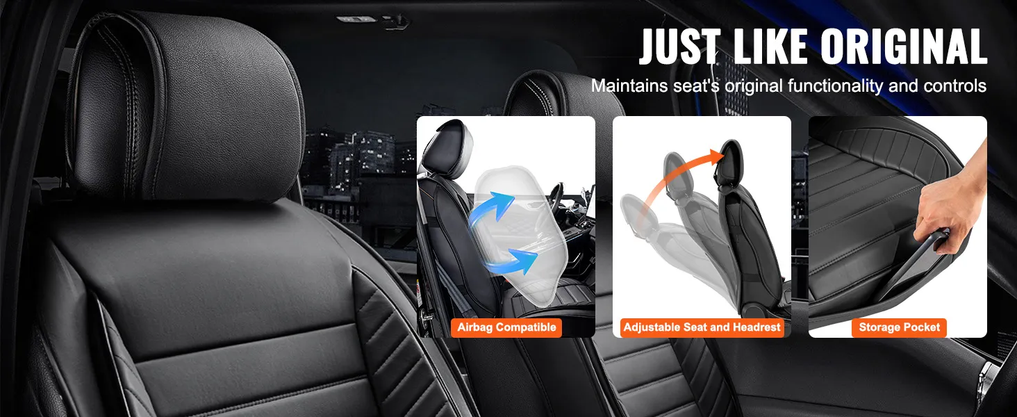 Zwart auto-interieur met VEVOR-stoelhoezen, airbagcompatibiliteit, verstelbare hoofdsteun en opbergvak.
