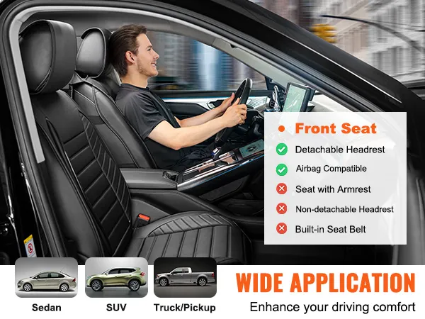 VEVOR-stoelhoezen in het auto-interieur met afneembare hoofdsteun, airbagcompatibiliteit en brede toepassing.