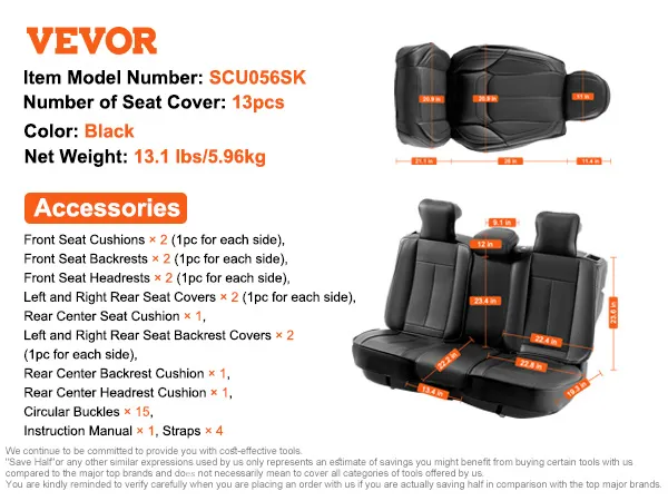 VEVOR car seat covers, black, 13-piece set with detailed dimensions labeled, model scu056sk.