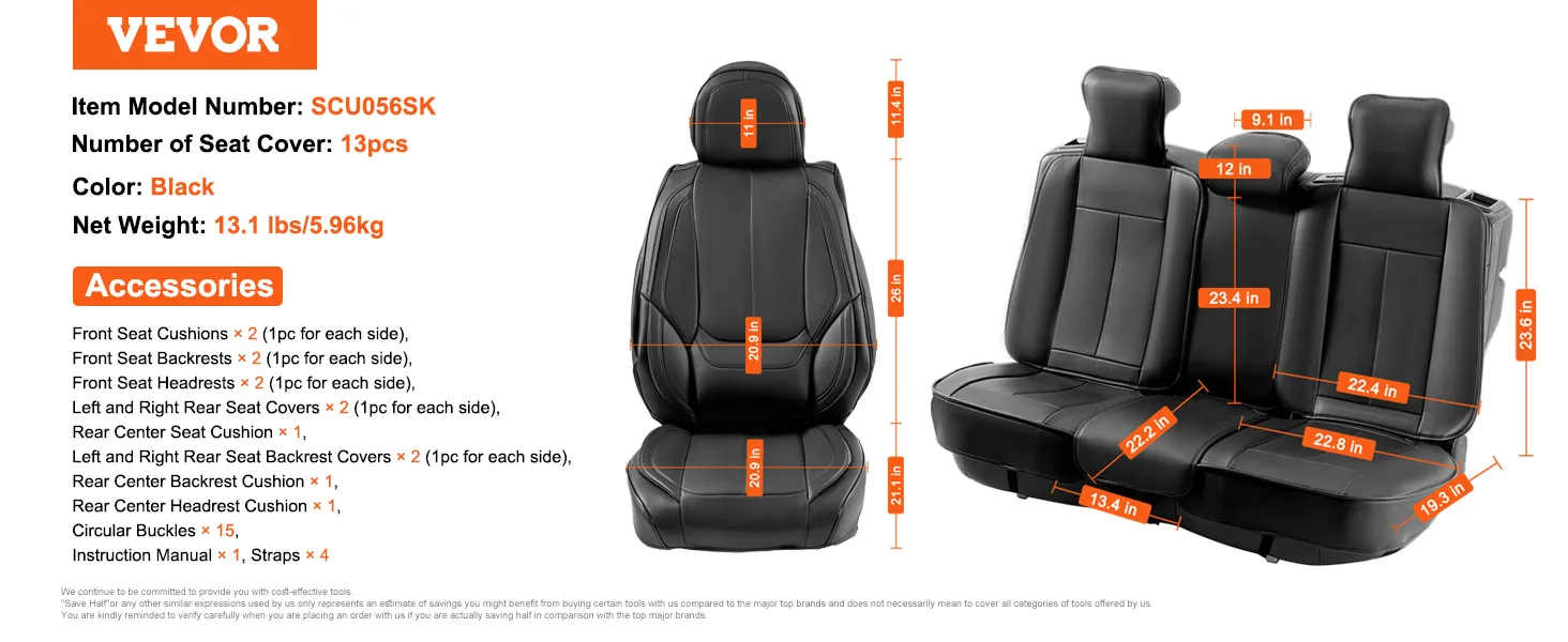 VEVOR car seat covers, black, 13-piece set with detailed dimensions labeled, model scu056sk.