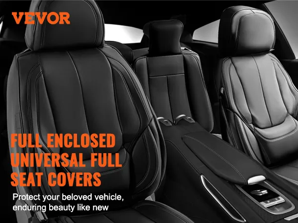 VEVOR car seat covers in black leather interior with highlighted full enclosed universal full seat covers.