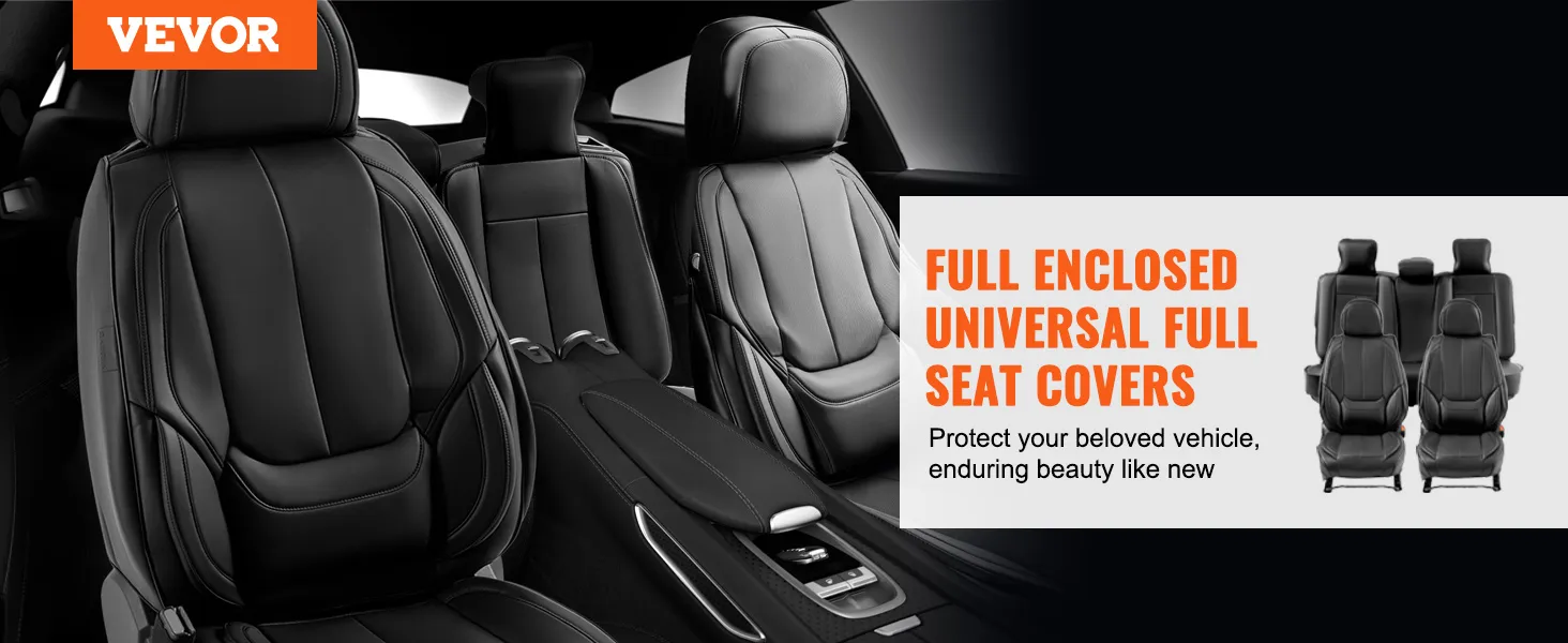 VEVOR car seat covers in black leather interior with highlighted full enclosed universal full seat covers.