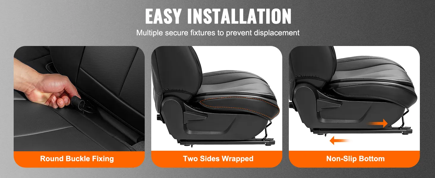 easy installation of VEVOR car seat covers with secure fixings, side wraps, and non-slip bottom.