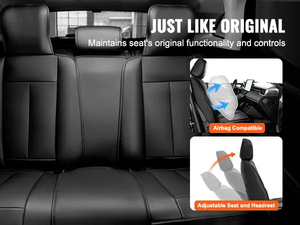 black VEVOR car seat covers, showcasing airbag compatibility and adjustable seat and headrest.