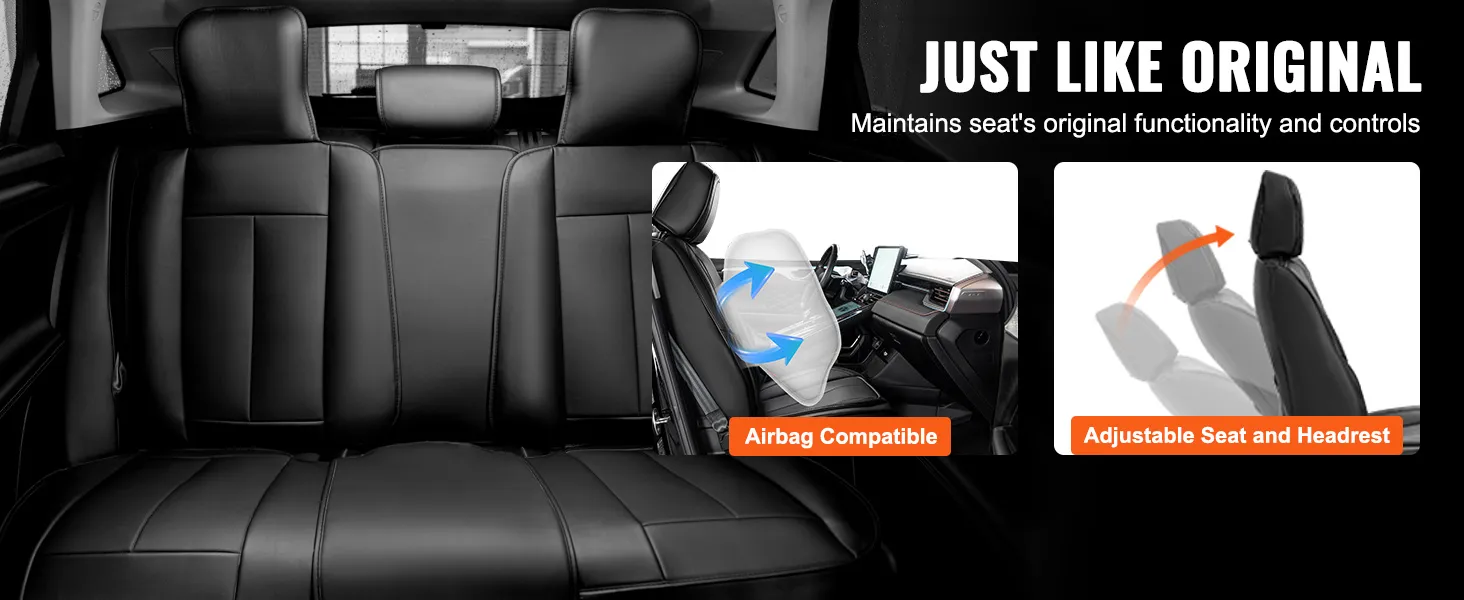 black VEVOR car seat covers, showcasing airbag compatibility and adjustable seat and headrest.