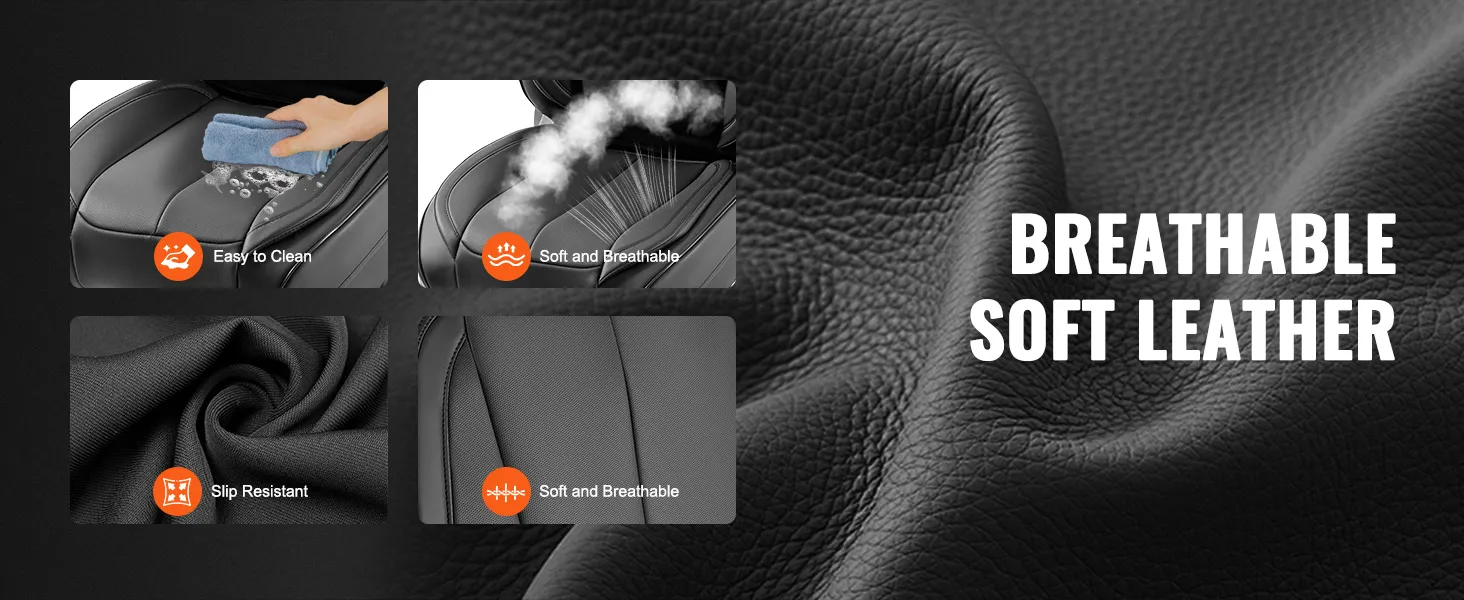 breathable soft leather VEVOR car seat covers; easy to clean, tear and wear-resistant, 5-layer thickened.