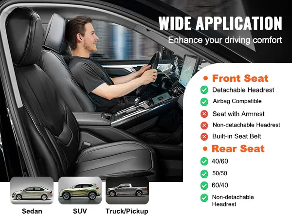 wide application of VEVOR car seat covers in sedans, suvs, and trucks, enhancing driving comfort.