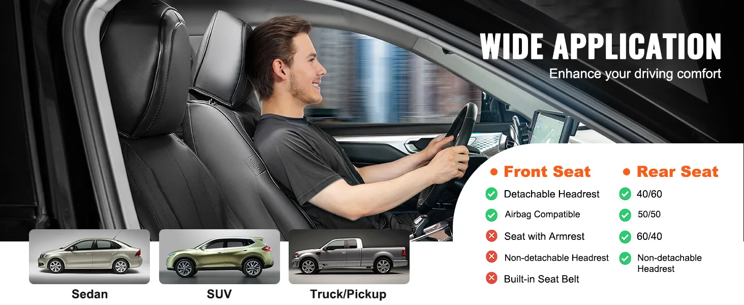 wide application of VEVOR car seat covers in sedans, suvs, and trucks, enhancing driving comfort.