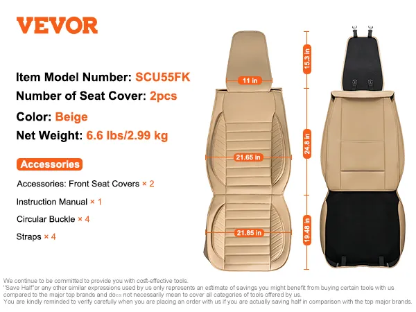 VEVOR universal car seat covers in beige, model scu55fk, 2 pieces, net weight 6.6 lbs, with accessories.