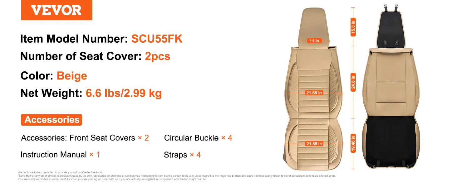 VEVOR universal car seat covers in beige, model scu55fk, 2 pieces, net weight 6.6 lbs, with accessories.