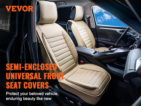 VEVOR universal car seat covers in beige, front seat installation, semi-enclosed design.